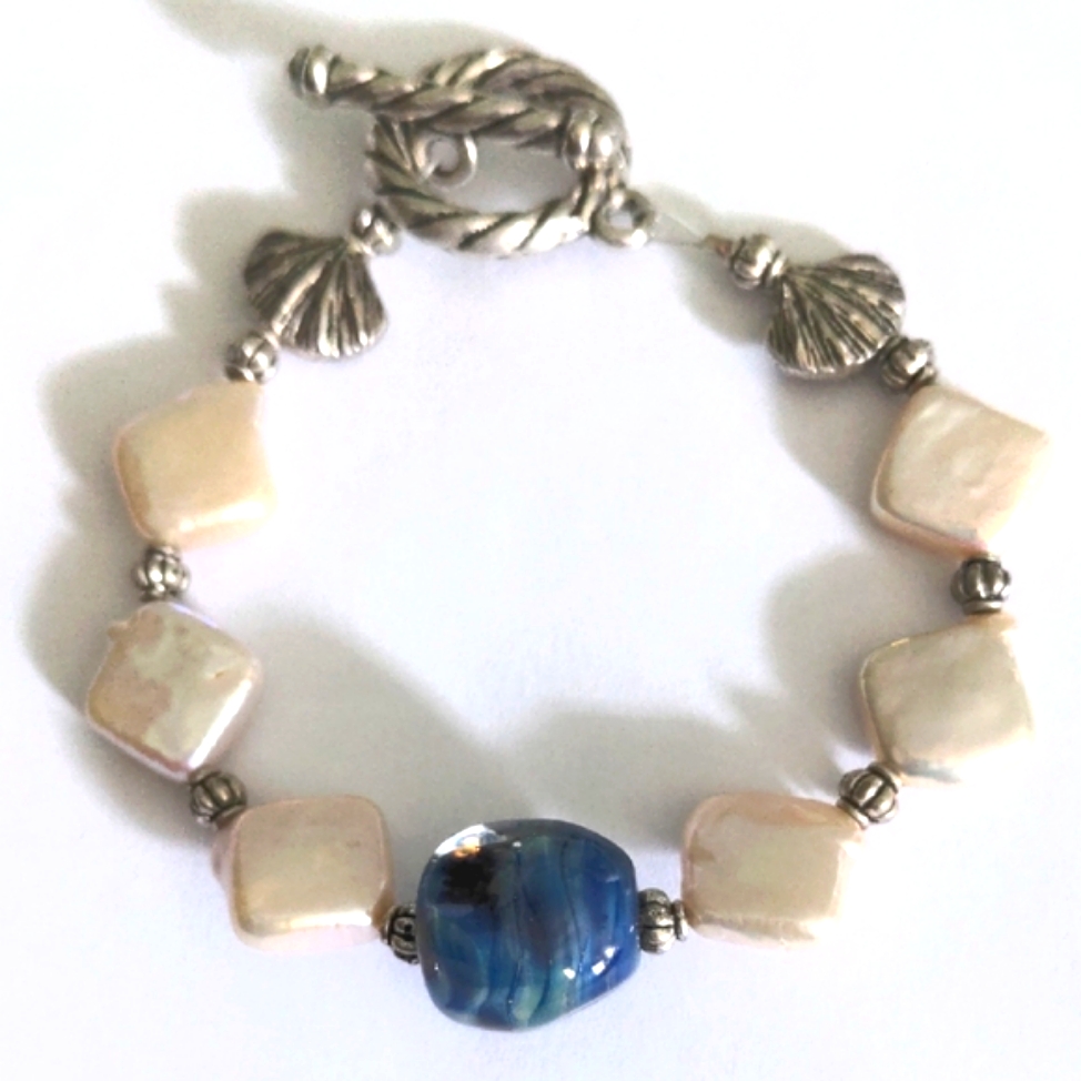 Freshwater Pearl, Lampwork Art Glass Silver Bracelet, New, Unique, Blue & White